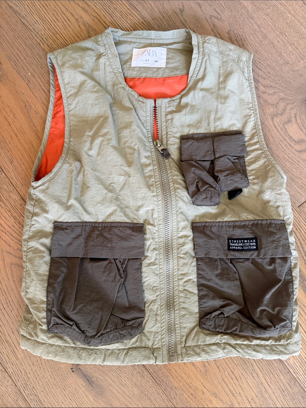 Zara Kids Olive Utility Vest with Brown Pockets and Orange Lining